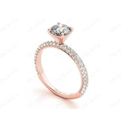 Round Cut claw set diamond ring with micro pave set side stone in 18K Rose