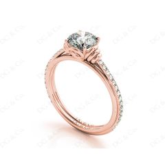 Round Cut Four Claw Set Diamond Ring with Pave Set Diamonds on the Band in 18K Rose