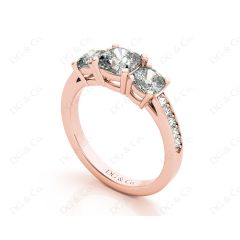 Cushion Cut Trilogy Ring with Channel Set Shoulder Diamonds in 18K Rose