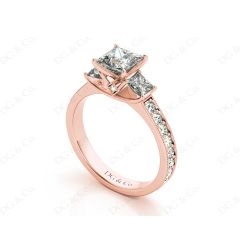 Princess Cut Trilogy Ring with Milgrain set shoulder diamond in 18K Rose