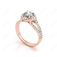 Round Cut Halo Diamond Engagement ring with claw set centre stone in 18K Rose