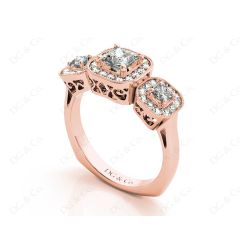 Princess Cut Trilogy Halo Diamond Engagement Ring in 18K Rose