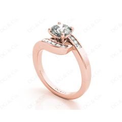 Round Cut Four Claw Set Diamond Ring with Channel Set Stones Down the Shoulders in 18k Rose