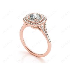 Round Cut Split Shank Diamond Engagement Ring with Double Halo and Pave Set Side Stones in 18K Rose