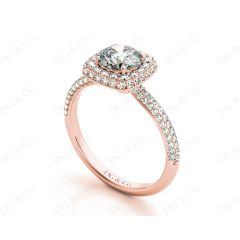 Round Cut Diamond Ring with Micro Pave Set Diamonds on Halo and Down the Shoulders in 18K Rose