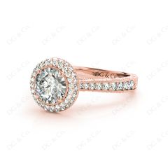 Vintage Style Double Halo Round Cut Diamond Engagement Ring With Claw Set Centre Stone in 18K Rose