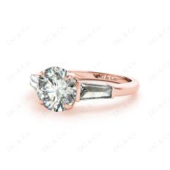 Round Cut Classic Three Stones Ring with Tapered Baguettes Diamond in 18K Rose