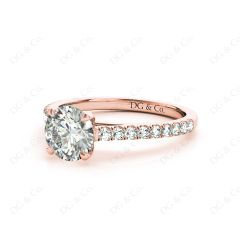 Round Cut Four Claws Diamond Ring with Pave Set Side Stones in 18K Rose