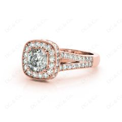 Cushion Cut Halo Ring with Milgrain claw set centre stone in 18K Rose