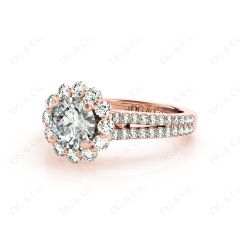 Round Cut Halo Flower Diamond Engagement Ring Split Band with Claw Set Centre Stone in 18K Rose