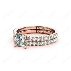 Princess cut diamond wedding set rings four claws setting With Pave Setting Side Stones in 18K Rose