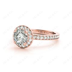 Round Cut Halo Diamond Ring with Four Claws Set Centre Stone in 18K Rose