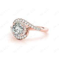 Round Cut Halo Diamond Cross Over Engagement ring with claw set centre stone in 18K Rose