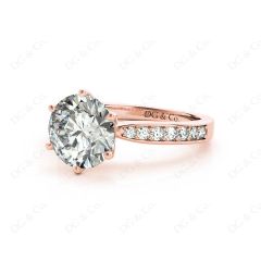 Round Cut Six Claw Set Diamond Ring with Pave Set Side Stones in 18K Rose