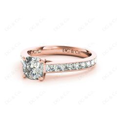 Cushion Cut Four Claws Set Diamond Ring with Channel Set Side Stones in 18K Rose