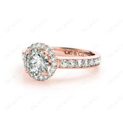 Round Cut Halo Diamond Engagement ring with claw set centre stone in 18K Rose