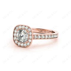 Cushion Cut Halo Diamond Ring with Milgrain Prong Set Centre Stone in 18K Rose