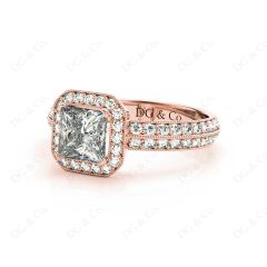 Princess Cut Halo Ring with Milgrain Claw Set Centre Stone in 18K Rose