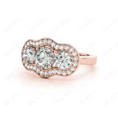 Round Cut Halo Trilogy Diamond Engagement Ring with Pave Set Side Stone In 18K Rose