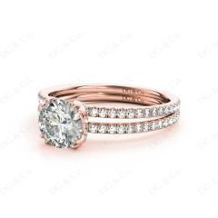 Round Cut Four Double Claw Set Diamond Ring with Pave Set Diamonds Down The Shoulders in 18K Rose