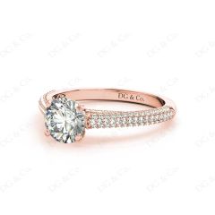 Round Cut Four Claw Set Diamond Ring with Pave Set Stones Down the Shoulders and Both Sides in 18K Rose