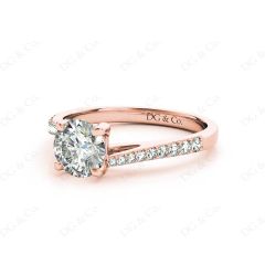 Round Cut Four Claw Set Diamond Ring with Pave Set Diamonds Down the Shoulders in 18K Rose