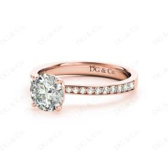 Round Cut Four Claw Set Diamond Ring with Round Cut Diamonds Pave Set Down the Shoulders in 18K Rose