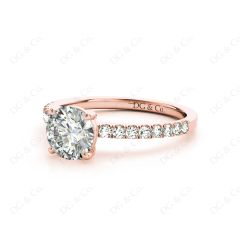 Round Cut Four Claws Diamond Ring with channel Set Side Stones in 18K Rose