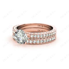 Engagement and Wedding Set Round Cut Diamond Rings with Pave Setting Side Stones in 18K Rose