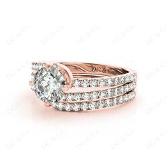 Round Cut Diamond Wedding Set Rings with Pave Setting Side Stones in 18K Rose