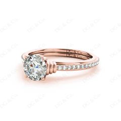 Round Cut Four Claw Set Diamond Ring with Pave Set Diamonds on the Band in 18K Rose