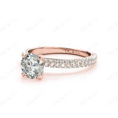 Round Cut claw set diamond ring with micro pave set side stone in 18K Rose