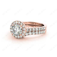  Art Deco Halo Diamond Wedding Set Rings Round Cut with Four Caws Setting Centre Stone Pave Setting Side Stones in 18K Rose Gold