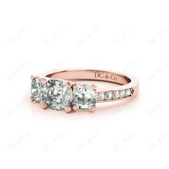 Cushion Cut Trilogy Ring with Channel Set Shoulder Diamonds in 18K Rose