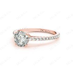 Round Cut Four Claw Set Diamond Ring with Side Halo and Round Cut Diamonds Claw Set on the Band. in 18K Rose
