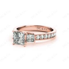 Princess Cut Trilogy Ring with Milgrain set shoulder diamond in 18K Rose