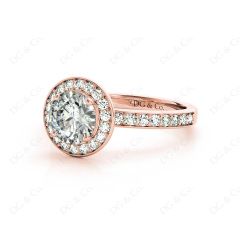 Round cut halo diamond engagement ring with four claw setting in 18K Rose