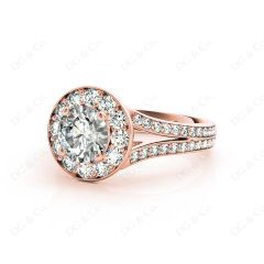 Round Cut Halo Diamond Engagement ring with claw set centre stone in 18K Rose