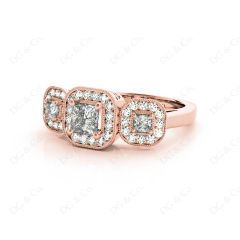Princess Cut Trilogy Halo Diamond Engagement Ring in 18K Rose