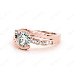 Round Cut Cross Over Ring Half Bezel Set Diamond Engagement Ring with Channel Set Side Stones in 18k Rose