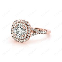 Round Cut Split Shank Diamond Engagement Ring with Double Halo and Pave Set Side Stones in 18K Rose