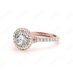 Round Cut Diamond Ring With Round Cut Diamonds Scallop Set on the Halo and Down the Shoulders. in 18K Rose