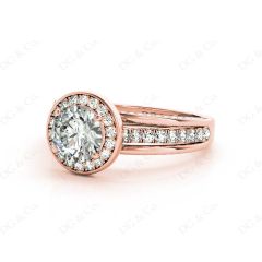 Triple Band Round Cut Diamond Halo Engagement Ring with Pavé Set Side Stones and Halo in 18K Rose