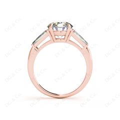 Round Cut Classic Three Stones Ring with Tapered Baguettes Diamond in 18K Rose