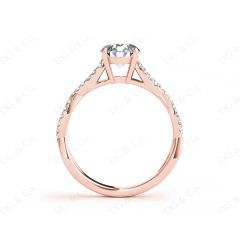 Twist Band Round Cut Four Claw Set Diamond Engagement Ring with Pave Set Stones Down the Shoulders in 18K Rose
