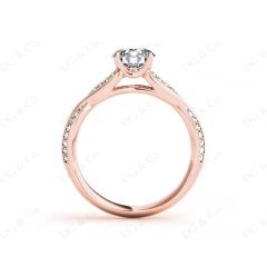 Twist Band Round Cut Four Claw Set Diamond Ring with Pave Set Stones Down the Shoulders In 18K Rose