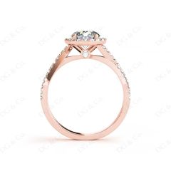 Round Cut Split Shank Diamond Halo Engagement Ring with Pave Set Side Stones Down the Band in 18K Rose