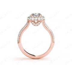 Round Cut Split Shank Milgrain Halo Engagement Ring with Micro Pave Set Diamonds on the Halo and sidestones in 18K Rose