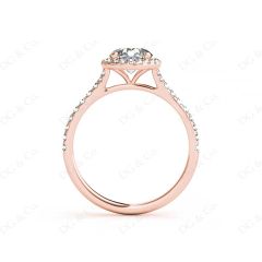 Round Cut Diamond Ring With Round Cut Diamonds Scallop Set on the Halo and Down the Shoulders. in 18K Rose