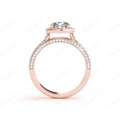 Triple Band Round Cut Diamond Halo Engagement Ring with Pavé Set Side Stones and Halo in 18K Rose